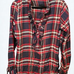 Dynamite Red and Black Plaid Ruffle Blouse